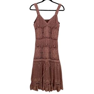 Twill 22 Crochet Knit Cotton Boho Festival Lined Brown Midi Dress Sz L